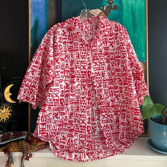 None Tops - Vibrant Red and White Women's Blouse L